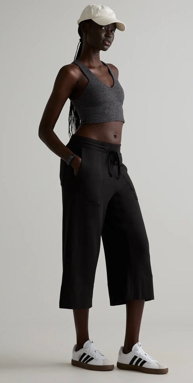 Quince SuperSoft Black Fleece Cropped Wide Leg Pants W/ Pockets Size Medium